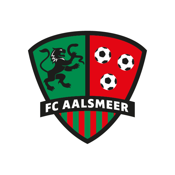 FC Aalsmeer logo with lion, soccer balls, and red-green stripe design.
