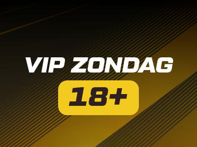 VIP Zondag 18+ text on striped black and yellow background.