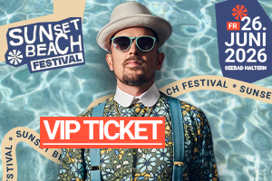 Sunset Beach Festival 2026 VIP Ticket promo with blurred face person in floral outfit and hat.