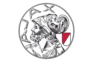 Drawing of a man wearing a helmet with the name Ajax above, featuring a red and white shield emblem.