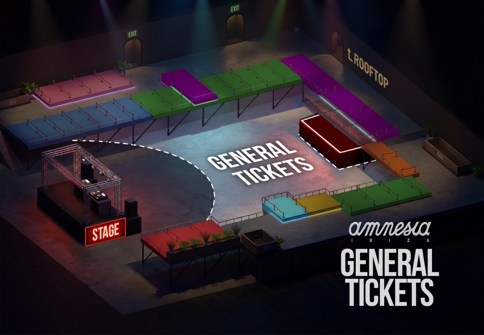 Event venue layout with stage, ticket area, and seating sections in various colors.