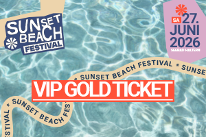 Sunset Beach Festival ticket with VIP gold highlight, date June 27, 2026, water background.