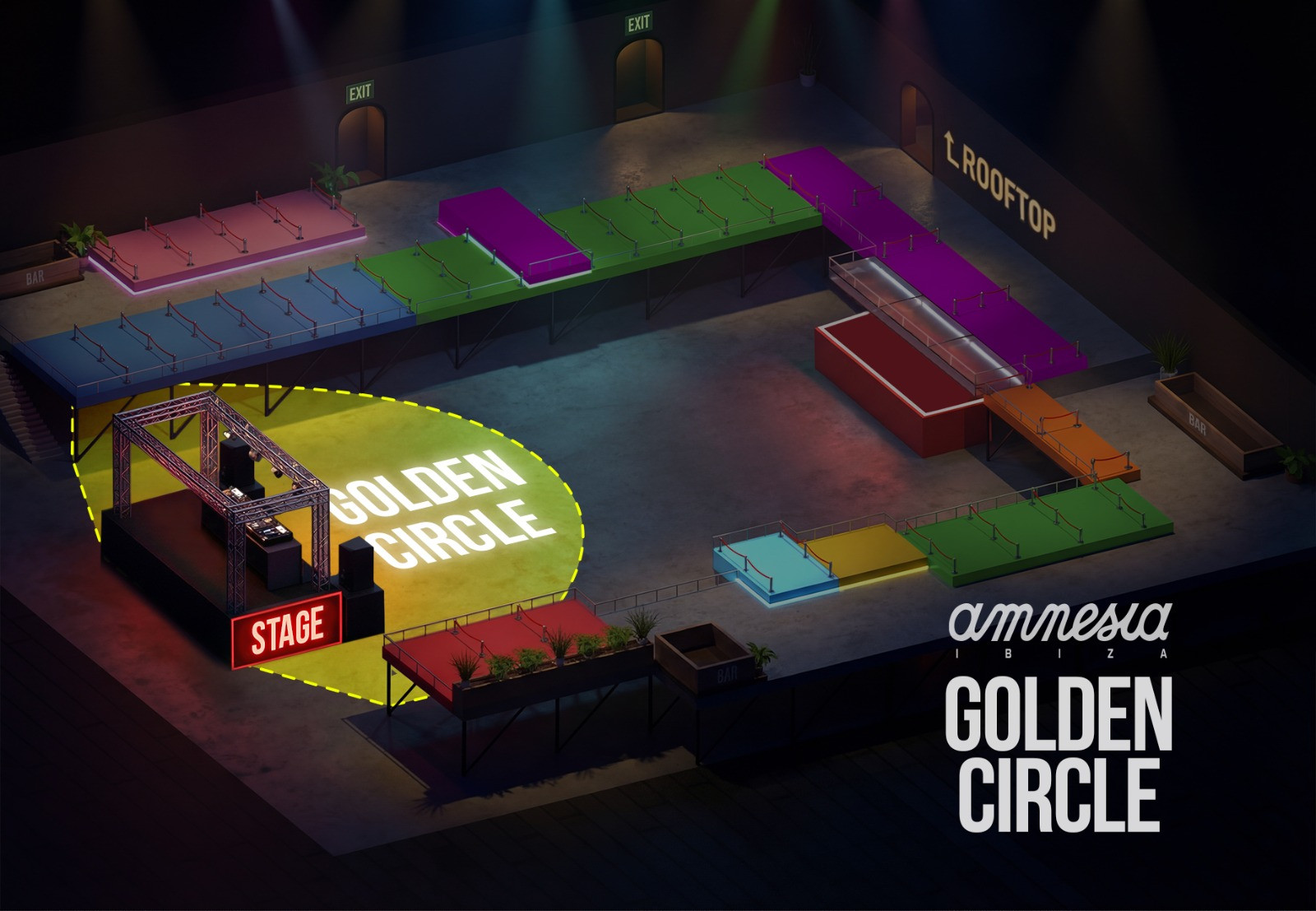Nightclub layout showing various sections including stage and golden circle area.