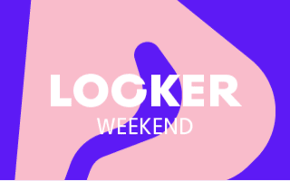 Text "Locker Weekend" on a pink and purple abstract background.