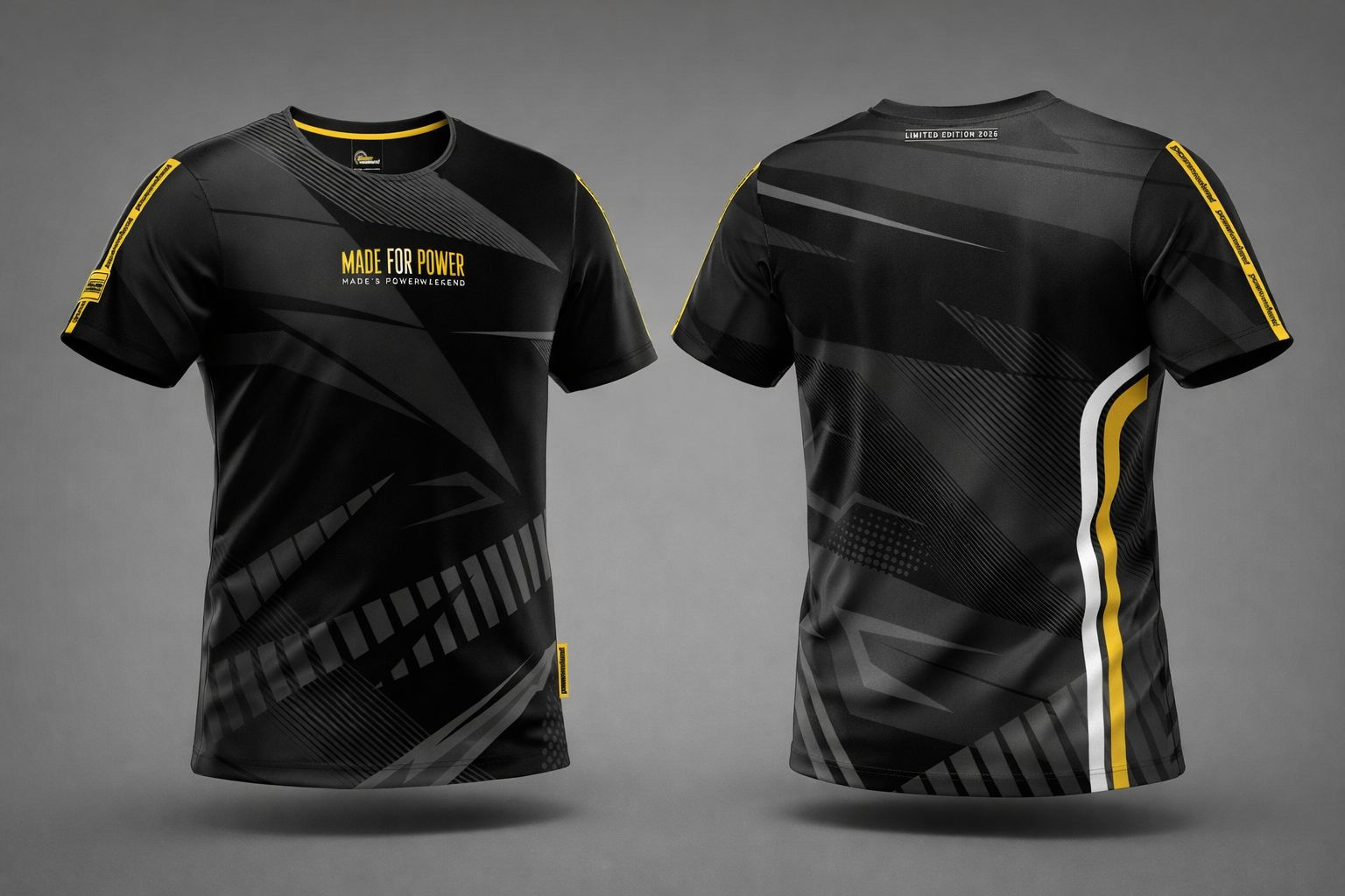 Black and yellow shirts with geometric patterns and graphic text on front and back.