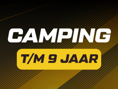 Camping description with text T/M 9 jaar on striped dark background.