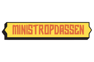 Logo with text "MINISTROPDASSEN" in bold red letters on a yellow background.