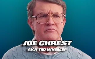 Blurred portrait with text Joe Chrest aka Ted Wheeler on blue background.