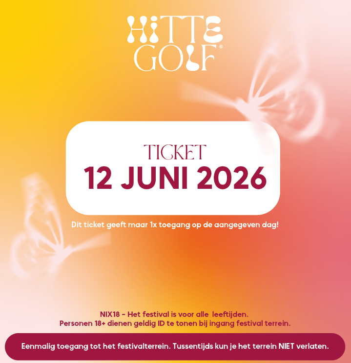 Hitte Golf Ticket, 12 Juni 2026, butterfly background, entry restrictions noted.
