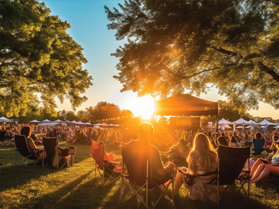 People seated on grass at a sunlit outdoor festival with tents and trees.