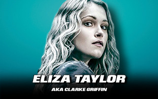 Blonde-haired person with blurred face, text reads Eliza Taylor aka Clarke Griffin.