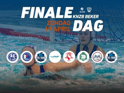 Two water polo players in action with event logos and text about KNZB cup final on April 19.