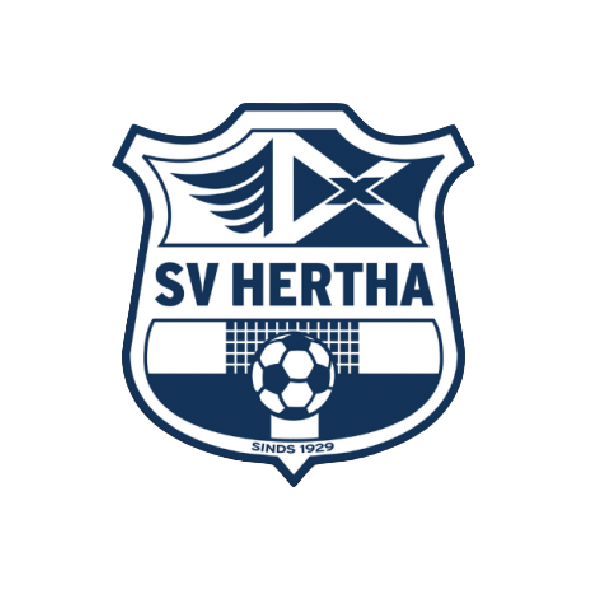 Logo of SV Hertha with a soccer ball and flags, text "Sinds 1929".