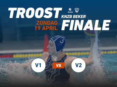 Water polo player in action, KNZB Beker finale announcement, 19 April, teams V1 vs V2.