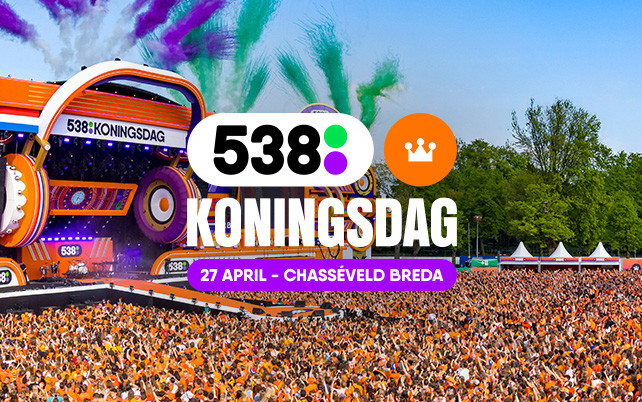 538 Koningsdag festival poster with stage, crowd, and colorful smoke effects.
