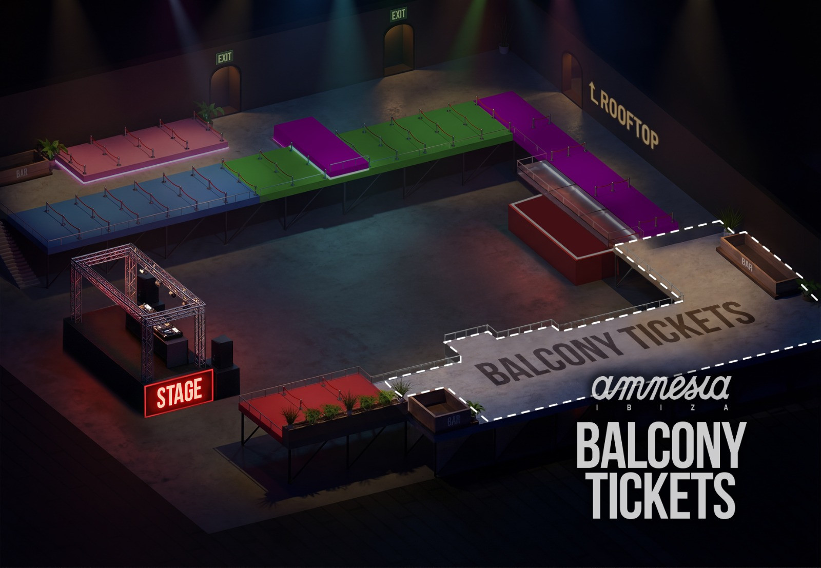 Top-down view of concert venue layout with stage, rooftop, and balcony areas.