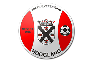 Logo of Voetbalvereniging Hoogland featuring a coat of arms with a crown in the center, surrounded by red and white panels, and a soccer ball design on the right. Text includes "Voetbalvereniging Hoogland" and "Sedert 1946".