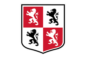 Shield emblem divided into four quadrants, featuring red and white lions in opposing corners.