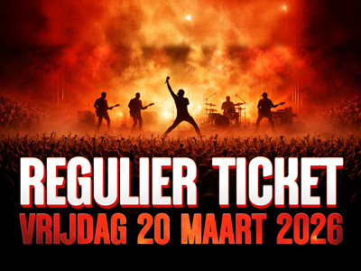 Band performing on stage with vibrant lighting, text reads "Regulier Ticket Vrijdag 20 Maart 2026".
