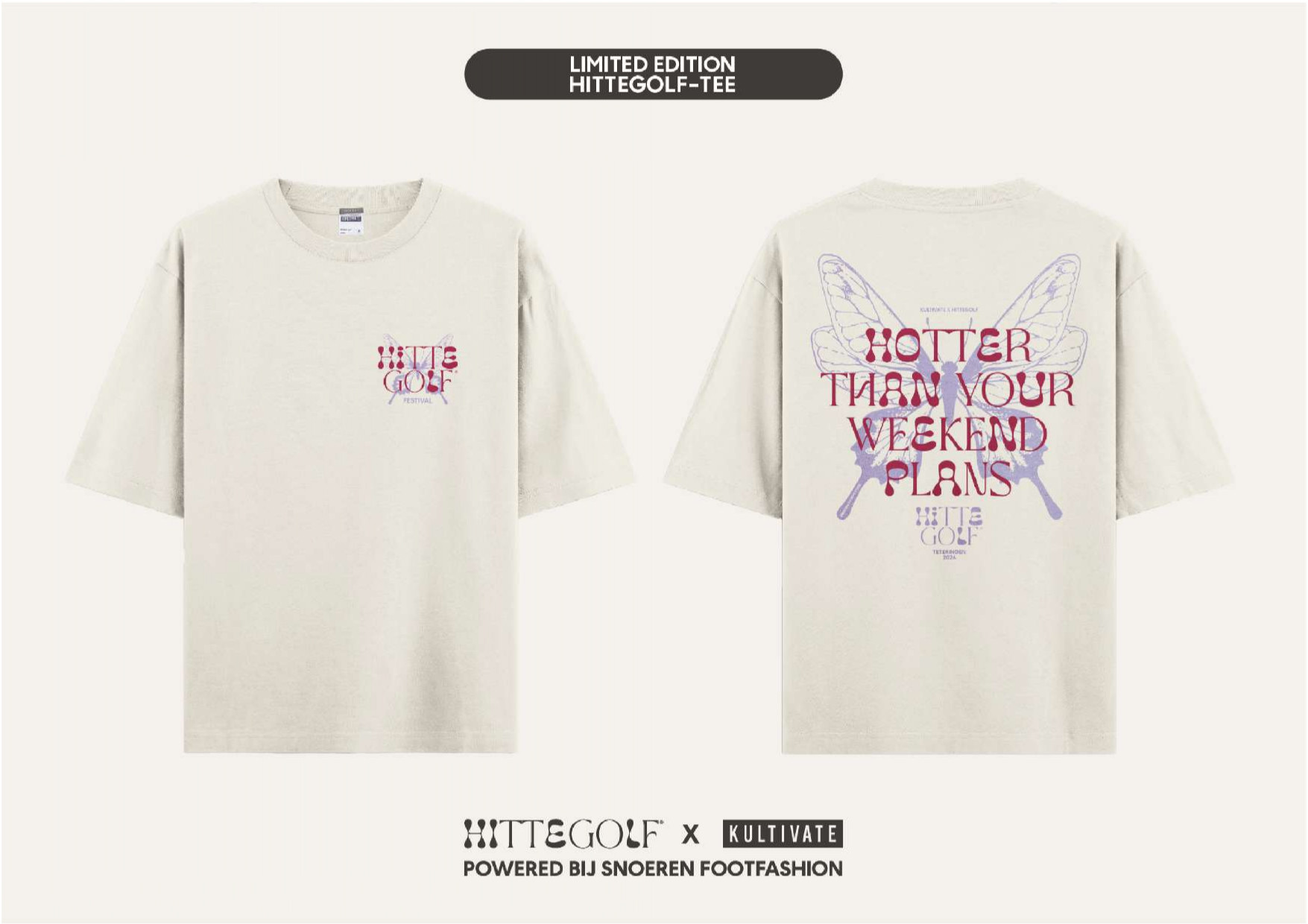 Beige t-shirt front and back with festival-themed graphics and bold red text.