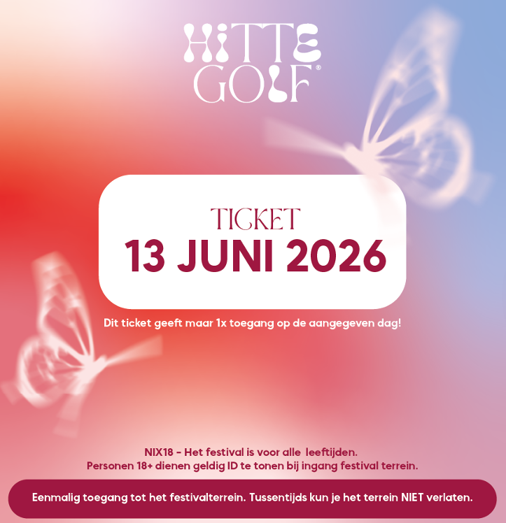 Festival ticket design with 13 June 2026, butterflies, and Hitte Golf logo.