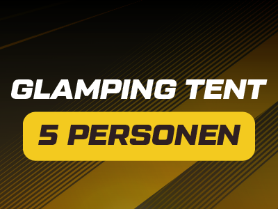 Glamping tent for 5 people graphic with black and yellow striped background