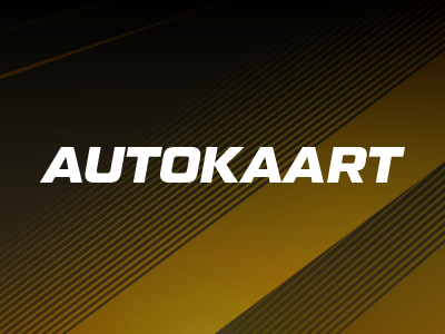Autokaart text on black and yellow diagonal striped background.