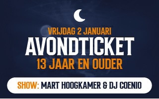 Event ticket for January 2, featuring Mart Hoogkamer and DJ Coenio, age 13 and older.