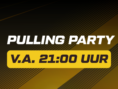 Pulling Party event starting at 21:00, diagonal lines on black and gold background.