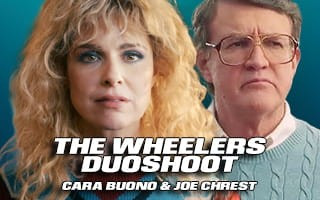 Blurred faces of two people labeled "The Wheelers Duoshoot" against a blue background.