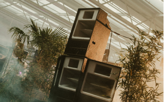 Large speakers in a tropical setting, surrounded by plants and misty atmosphere.