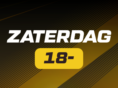 Text "Zaterdag 18-" on a dark background with diagonal stripes.