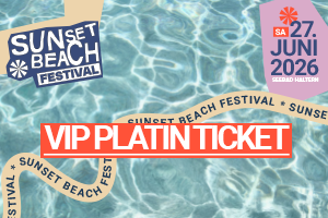 VIP Platin Ticket for Sunset Beach Festival, June 27, 2026, with water background.
