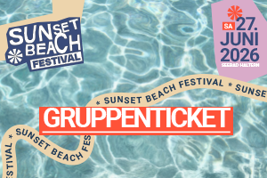 Sunset Beach Festival group ticket with date June 27, 2026 above water background.