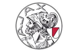 Ajax football club logo depicting a detailed drawing of the Greek hero Ajax wearing a helmet, with the club name above and a red and white shield on the right.