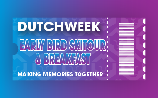 Dutchweek ticket for early bird skitour and breakfast with a purple gradient design.