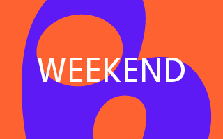 The word "WEEKEND" in white text on an abstract orange and purple background.