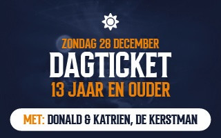 Dutch event ticket for December 28, ages 13+, featuring Donald, Katrien, Santa Claus.