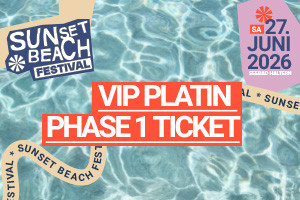 Sunset Beach Festival VIP Platin ticket for June 27, 2026, with water background.