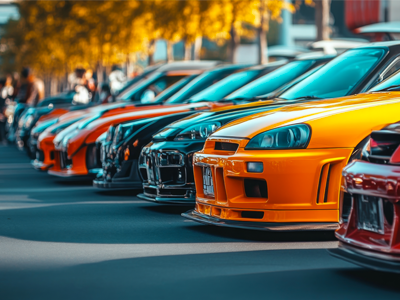 Row of colorful sports cars parked on a sunny street.