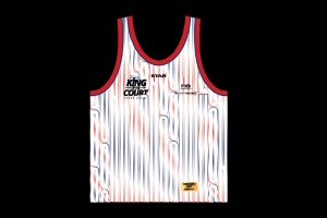 Basketball jersey with abstract red and blue lines and logos on the front.