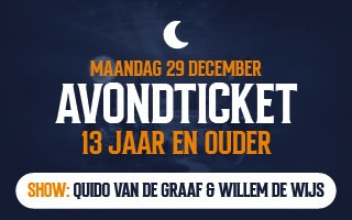 Event banner for Avondticket on December 29 for ages 13+, featuring Quido van de Graaf & Willem de Wijs.