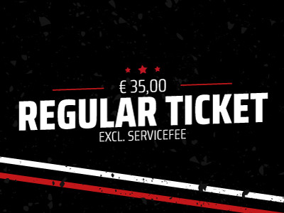 Regular ticket price €35, excludes service fee, black background with red and white lines.