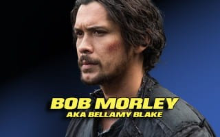 Blurred face, text: Bob Morley aka Bellamy Blake on a blue background.