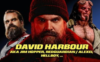 Blurred figures in character costumes; text mentions David Harbour's roles.