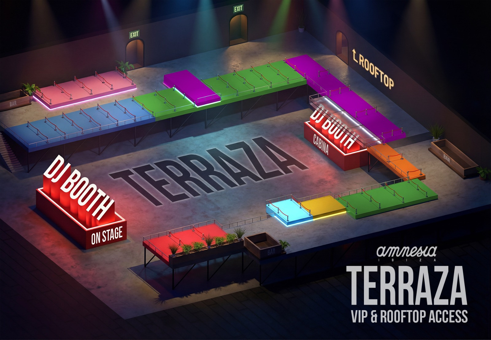 Colorful club layout with labeled DJ booths and rooftop access.