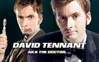 Two blurred individuals in suits with text: David Tennant aka The Doctor.