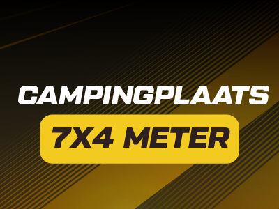 Campingplaats sign with 7x4 meter indicated, diagonal stripes in background.