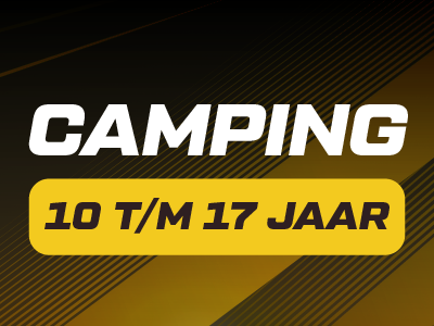 Text on image: "Camping 10 t/m 17 jaar" with striped background.