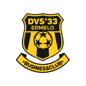 Yellow and black shield logo of DVS'33 Ermelo Businessclub with a soccer ball design.